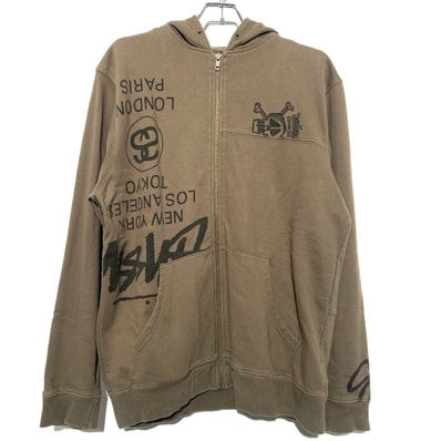 STUSSY SS Logo Zip Up Hoodie Khaki