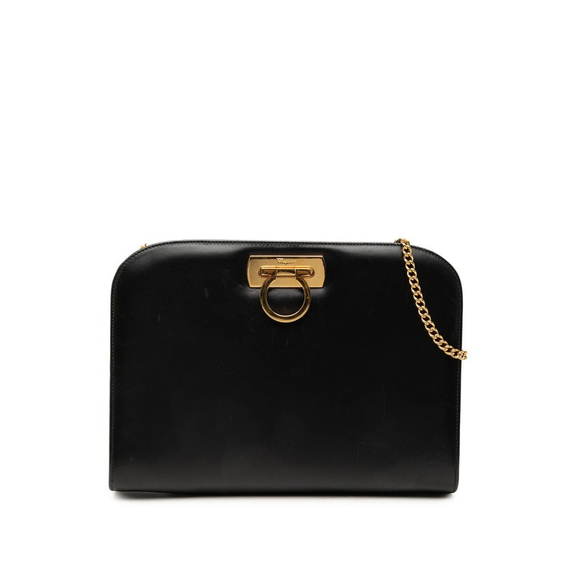 サルヴァトーレフェラガモ ガンチーニ チェーン ショルダーバッグ 210587 ブラック ゴールド レザー レディース Salvatore Ferragamo 中古