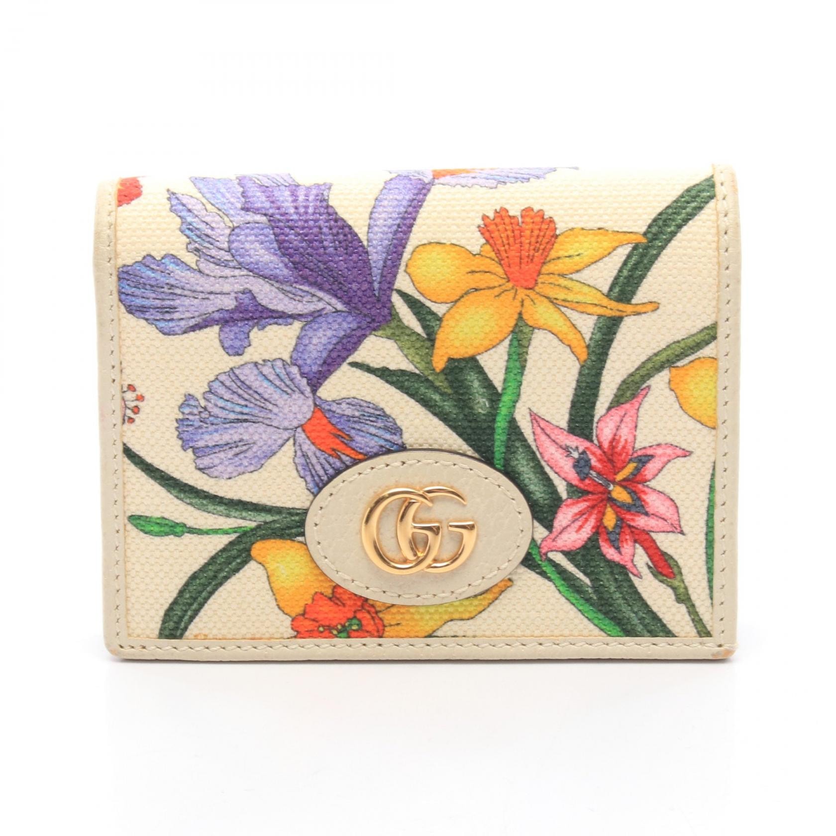 グッチ GUCCI GGマーモント フローラ コンパクトウォレット 二つ折り財布 財布 キャンバス レザー レディース アイボリー系 / マルチカラー 577347 【中古】