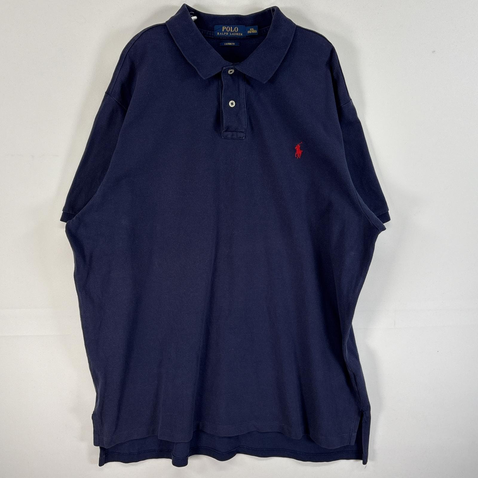 古着 ポロ・ラルフローレン POLO RALPH LAUREN 鹿の子 半袖 ポロシャツ ロゴ 刺繍 2ボタン 大きいサイズ 14041  ネイビー 無地 メンズ