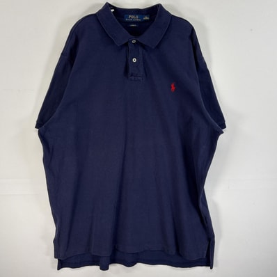古着 ポロ・ラルフローレン POLO RALPH LAUREN 鹿の子 半袖 ポロシャツ ロゴ 刺繍 2ボタン 大きいサイズ 14041 ネイビー 無地 メンズ