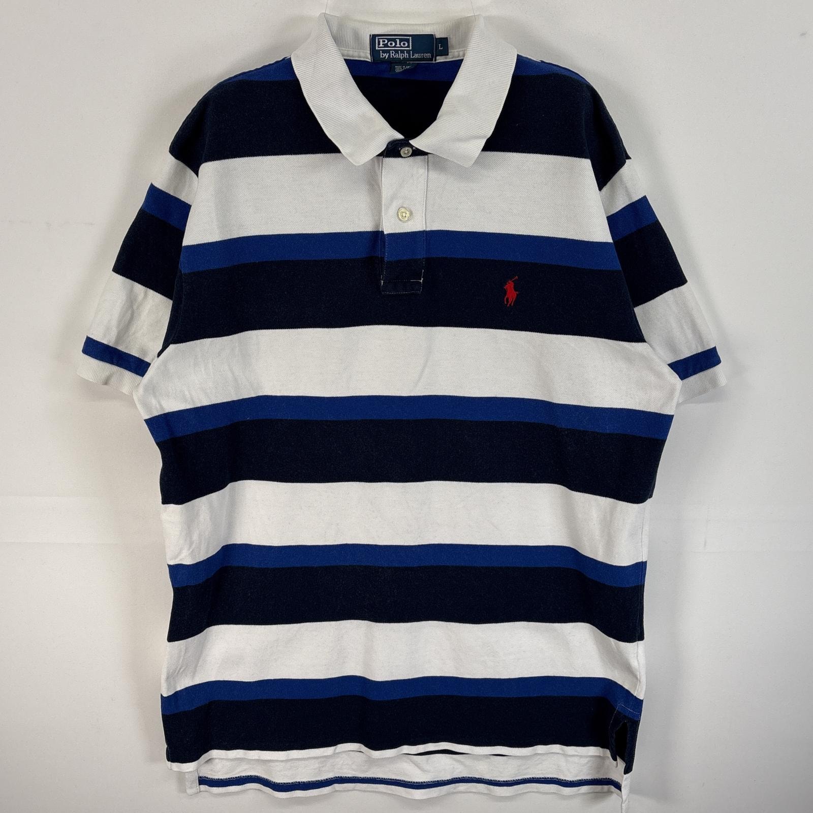 古着 90's/90年代 ポロバイラルフローレン Polo by Ralph Lauren 鹿の子 半袖 ポロシャツ ロゴ 刺繍 ボーダー 2ボタン L  ブルー系 マルチカラー メンズ