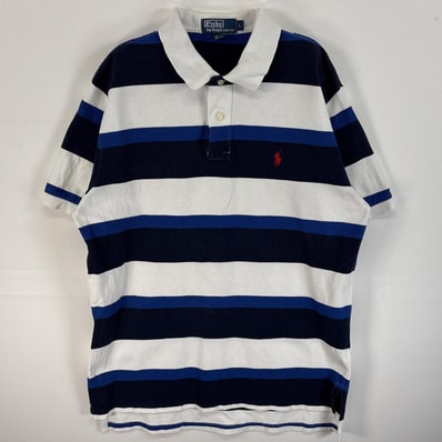 古着 90's/90年代 ポロバイラルフローレン Polo by Ralph Lauren 鹿の子 半袖 ポロシャツ ロゴ 刺繍 ボーダー 2ボタン L ブルー系 マルチカラー メンズ