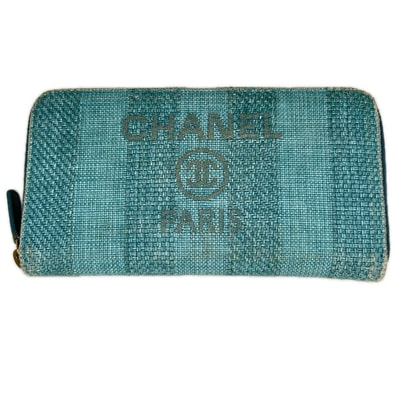 CHANEL シャネル ドーヴィル ストライプ ラウンドファスナー財布 AB1976 ターコイズグリーン ギャランティカード・箱付