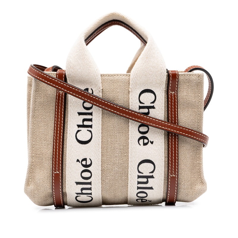 クロエ ウッディ ミニ ハンドバッグ ショルダーバッグ 03227565 ベージュ ブラウン キャンバス レザー レディース Chloe 中古