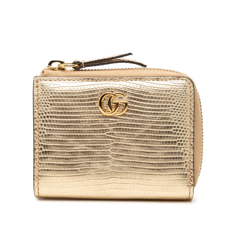 グッチ GGマーモント L字ジップ 財布 コンパクトウォレット 644406 ゴールド リザード レディース GUCCI 中古
