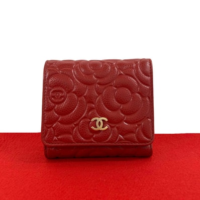 CHANEL シャネル ココマーク カメリア キャビアスキン 三つ折り財布 レッド
113-1