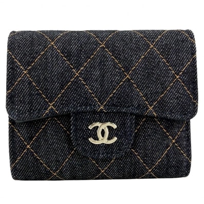 CHANEL シャネル 二つ折り財布 マトラッセ スモールウォレット ミニ財布 ココマーク デニム ネイビー 紺 ゴールド金具 レディース 美品【中古品】