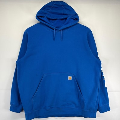 古着 カーハート Carhartt パーカー 大きいサイズ トレーナー 袖プリント ワンポイントロゴ刺繍 3XL ブルー メンズ