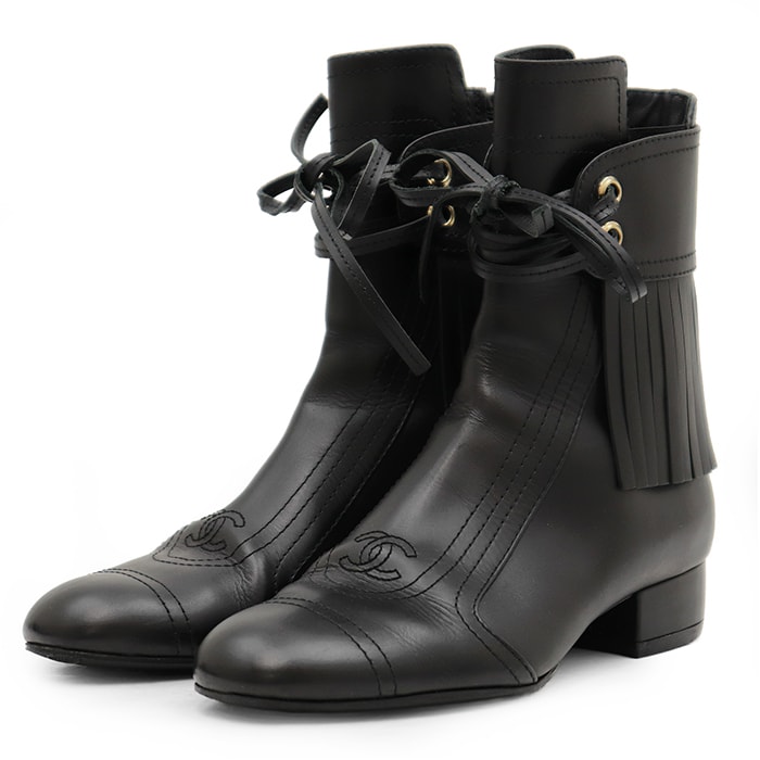 【美品】CHANEL シャネル フリンジ ブーツ サイズ EU36 レディース レザー シューズ 靴 ブラック 黒