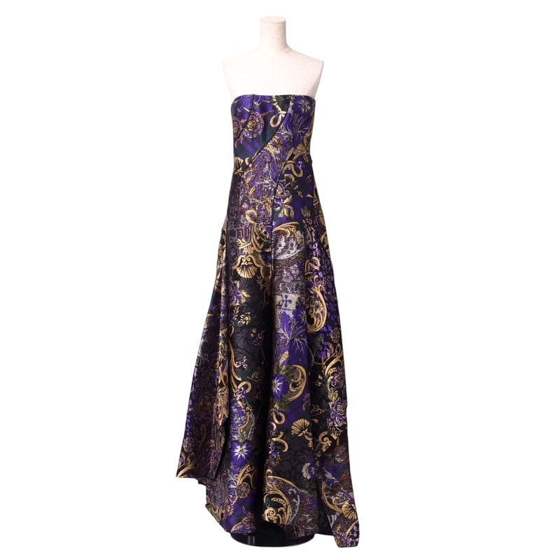 ■美品■RALPH LAUREN ラルフローレン ドレス サイズ2(155/84A) パープルタグ ベアトップ ジャガード 刺繍 イタリア製 ブランド古着【中古】20241125/RA1963