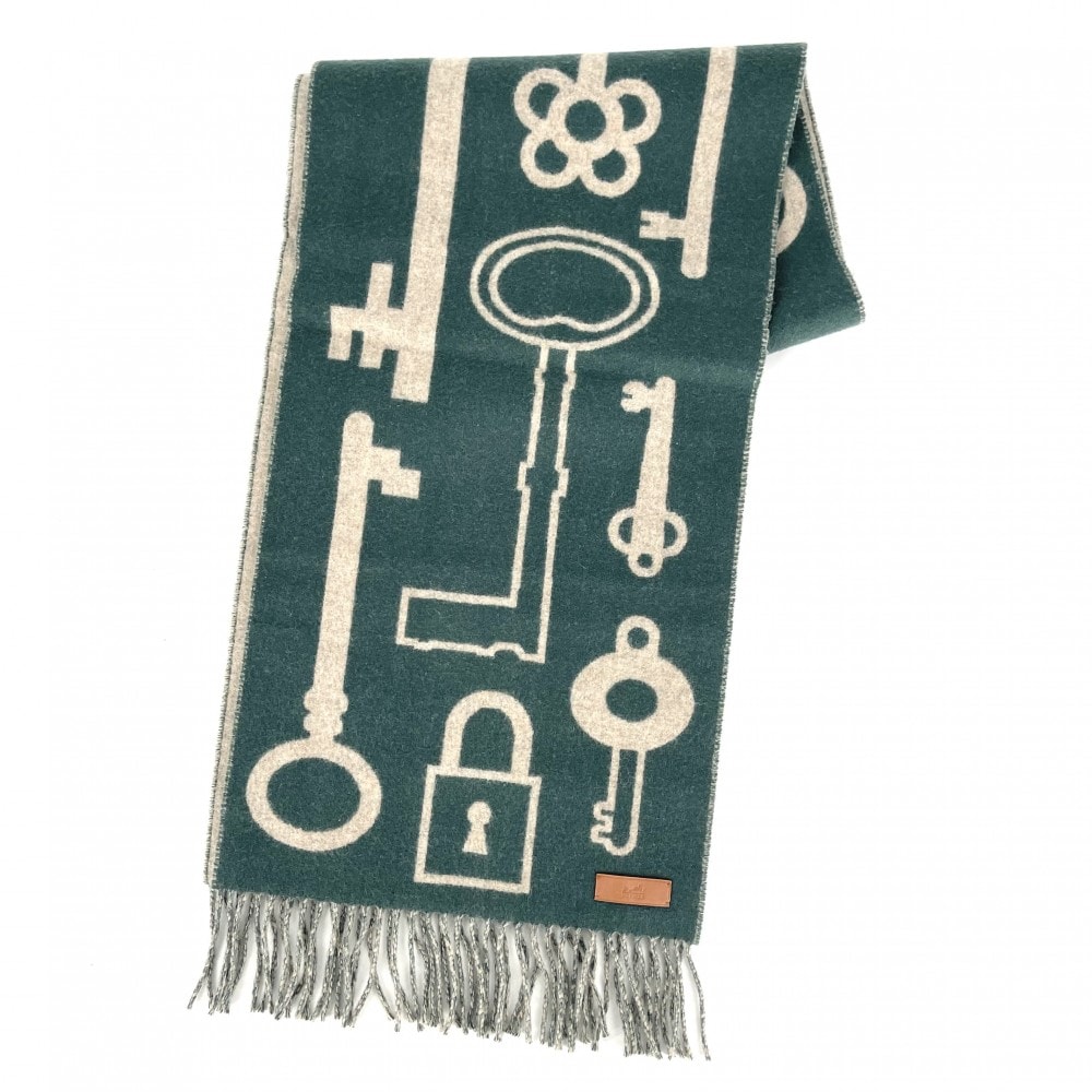 HERMES エルメス マフラー カザック キーコレクション ストール バイカラー ファッションアイテム カシミヤ    グリーン 緑 ベージュ レディース 秋 冬 美品【中古品】