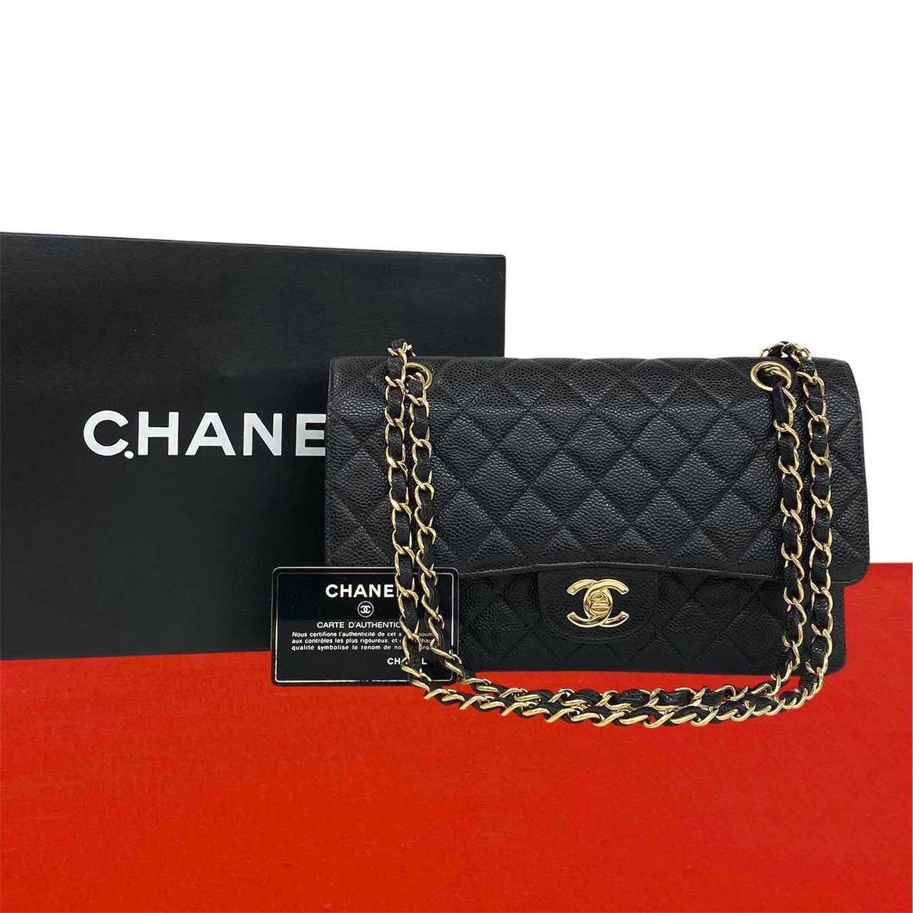 CHANEL シャネル マトラッセ ココマーク ダブルフラップ キャビアスキン ショルダーバッグ ブラック
c35-7