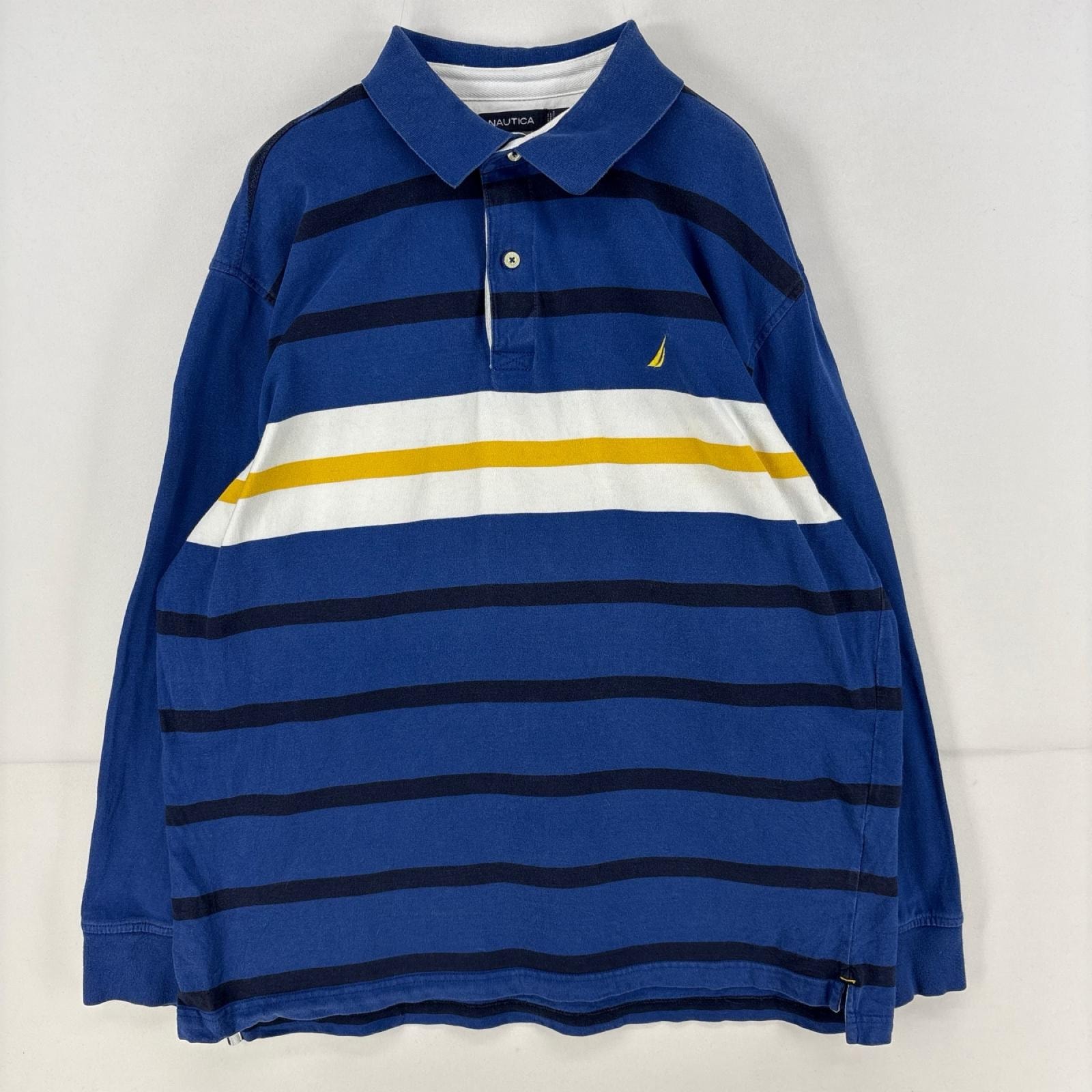 古着 ノーティカ NAUTICA 長袖シャツ ワンポイント ロゴ 刺繍 ラガーシャツ ボーダー 大きいサイズ XL  ブルー メンズ