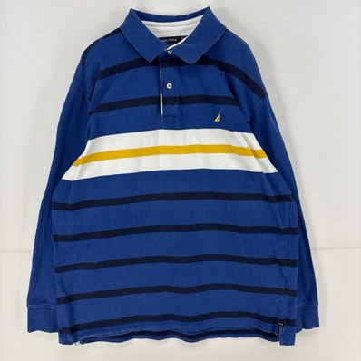 古着 ノーティカ NAUTICA 長袖シャツ ワンポイント ロゴ 刺繍 ラガーシャツ ボーダー 大きいサイズ XL ブルー メンズ