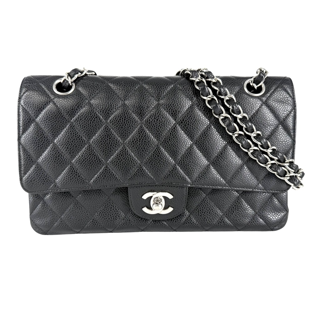 CHANEL シャネル ショルダーバッグ マトラッセ25 ダブルチェーン ココマーク ダブルフラップ 肩掛け 斜め掛け キャビアスキン    ブラック 黒 シルバー金具 レディース【中古品】