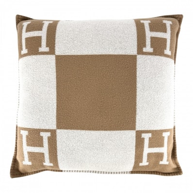 HERMES エルメス 雑貨 クッション アヴァロンGM Hロゴ インテリア メンズ レディース ウール カシミヤ ブラウン 茶 ホワイト 白 ユニセックス 美品【中古品】