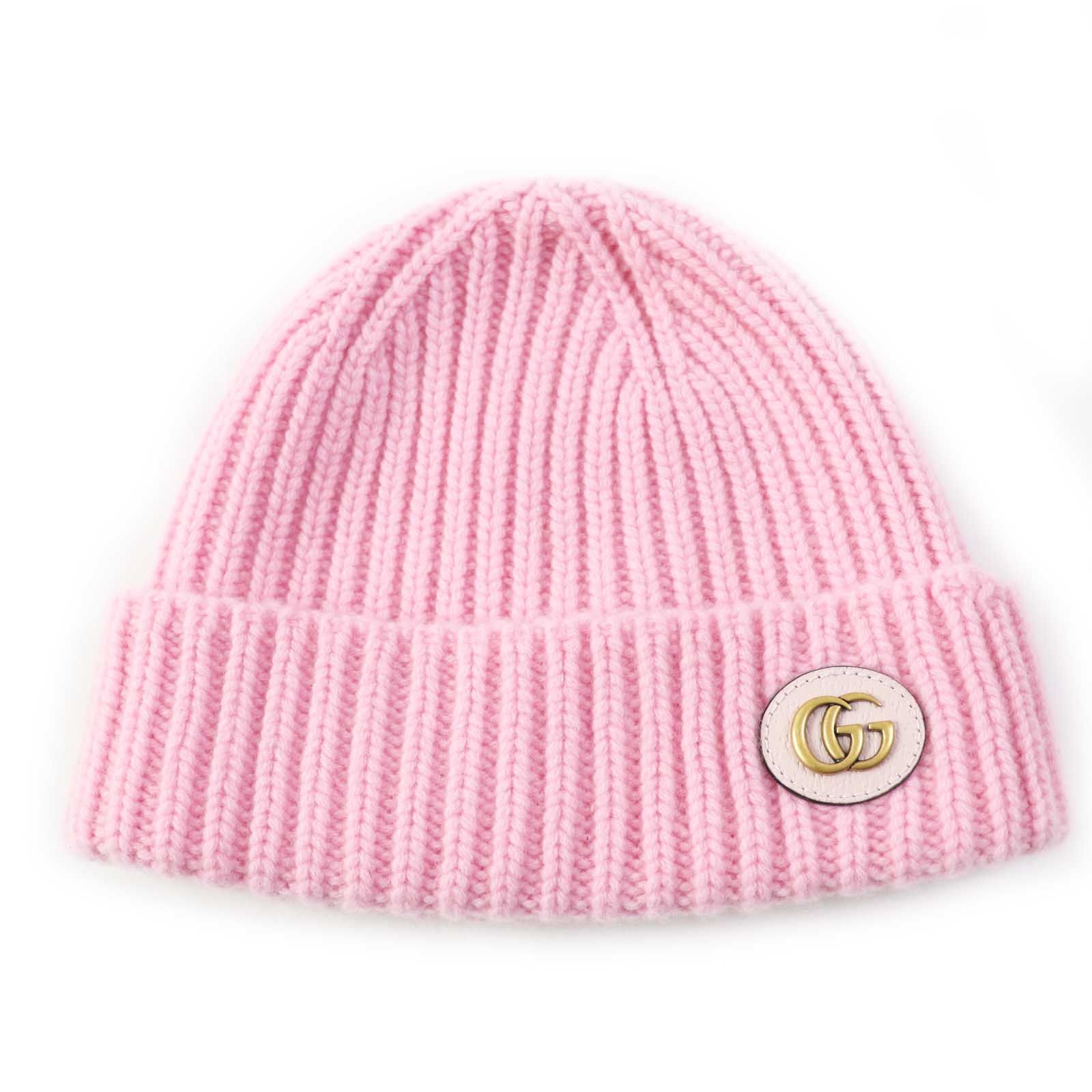 新品タグ付き♡グッチ ピンク ニット帽 GG カシミヤ混 レザー S 20cm 豪華 新品タグ付き♡グッチ ピンク ニット帽 GG カシミヤ混