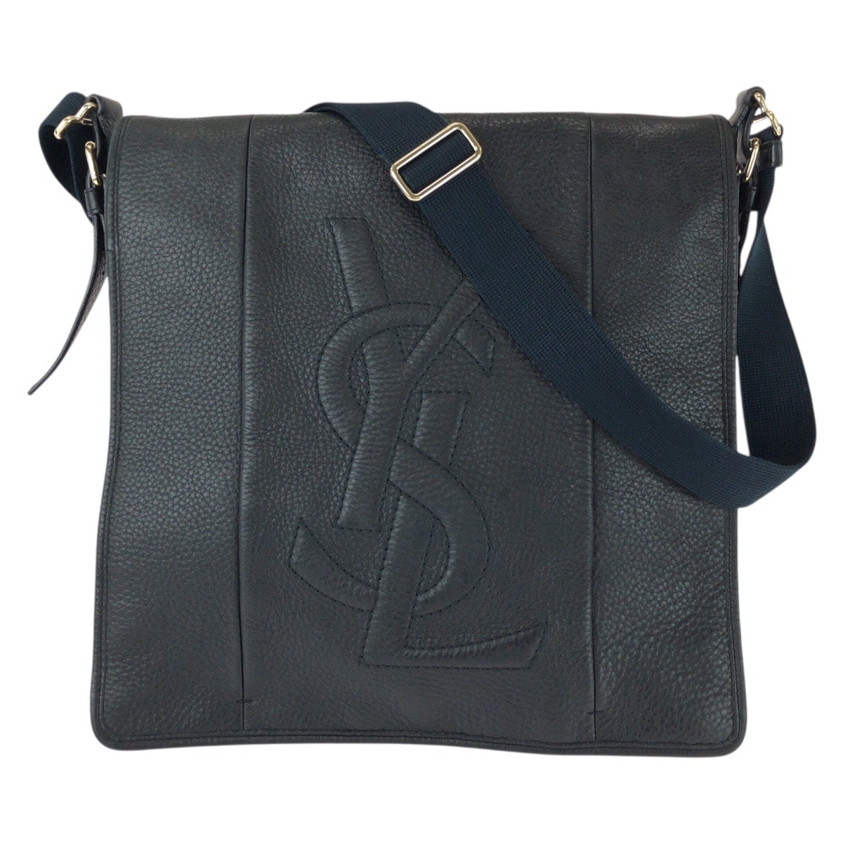 美品 YVES SAINT LAURENT イヴ サンローラン ヴィンテージ YSL ブラック ネイビー ゴールド金具 レザー ショルダーバッグ メッセンジャーバッグ 603815 【中古】