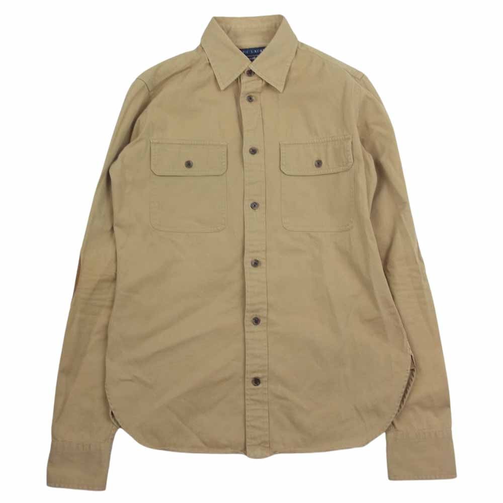 RALPH LAUREN ラルフローレン 長袖シャツ レザーエルボーパッチ 三角マチ付き ワーク シャツ ベージュ系 160/88A【中古】