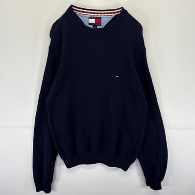 古着 トミーヒルフィガー TOMMY HILFIGER ニット セーター クルーネック ワンポイントロゴ刺繍 M ネイビー メンズ