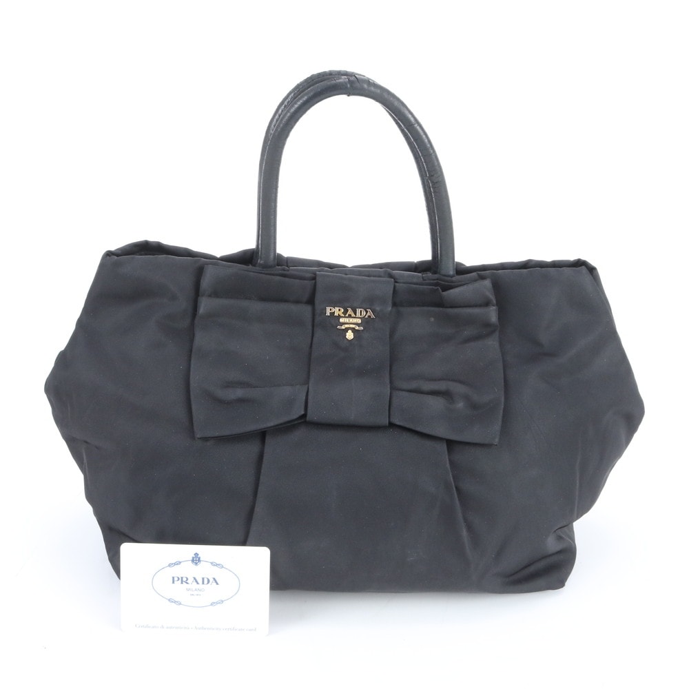 PRADA プラダ BN1601 リボン ナイロン×レザー トートバッグ PRADA Ribbon Nylon Leather Hand Bag Tote Bag Black BN1601