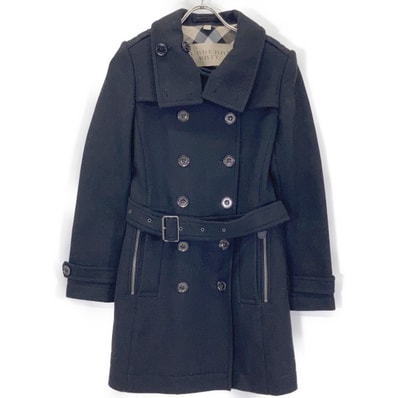 バーバリーブリット 3965631 ブラック ウール ダブルブレスト ピーコート 32