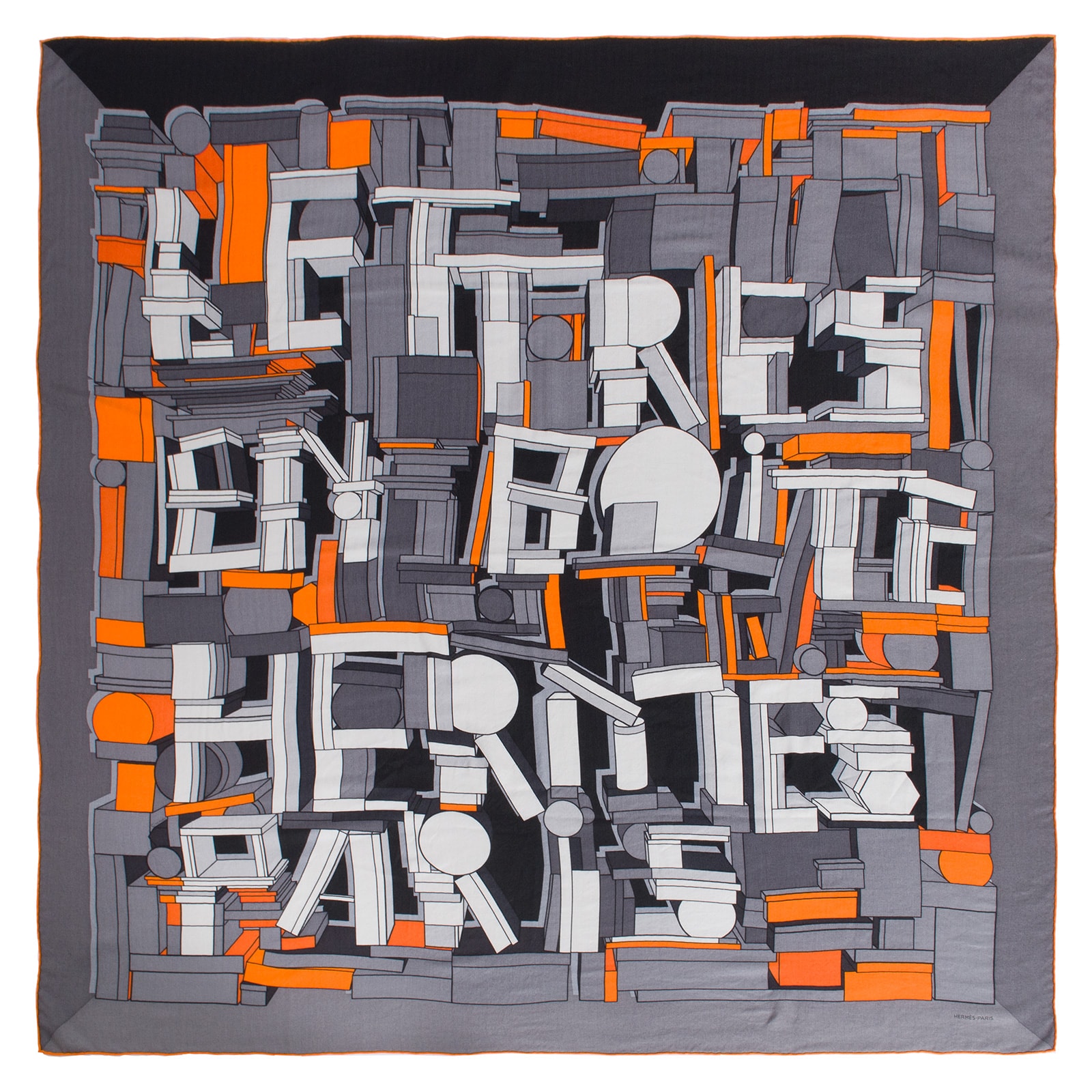 HERMES エルメス スカーフ カレ140 カレジェアン Lettres en Boite レットル アン ボワット 553769T 14 ショール ストール カシミヤ シルク グレー オレンジ【中古】