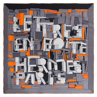 HERMES エルメス スカーフ カレ140 カレジェアン Lettres en Boite レットル アン ボワット 553769T 14 ショール ストール カシミヤ シルク グレー オレンジ【中古】