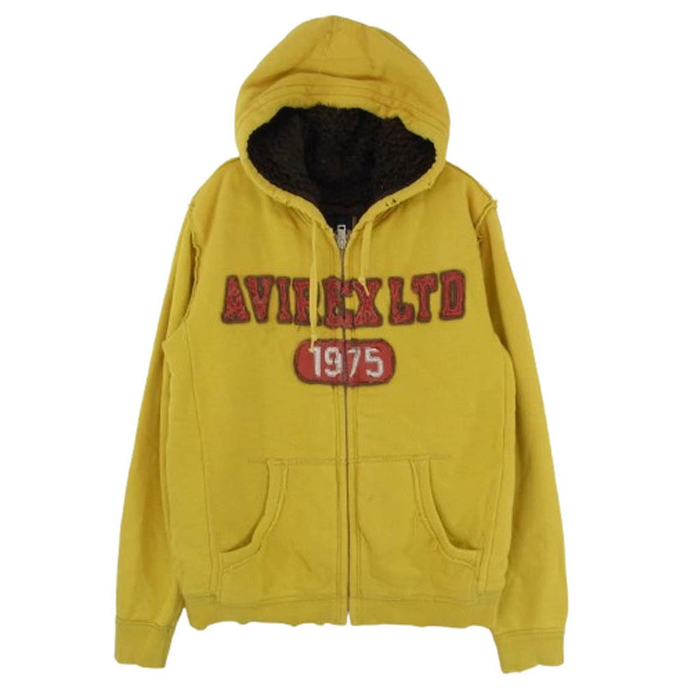 AVIREX アヴィレックス パーカー 6183200 ワッペン カレッジロゴ 内ボア付 ユーズド加工 内ボア付 ジップアップ スウェット パーカー イエロー系 M【中古】