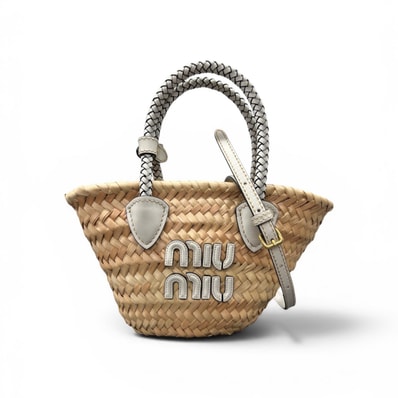 miumiu 美品 ミュウミュウ ウーブン 2way ハンドバッグ ショルダーバッグ 5BA282 ICチップ搭載 ラフィア レザー ベージュ クロスボディ かごバッグ ロゴ ABランク 中古 鑑定済 ミュウミュウバッグ
