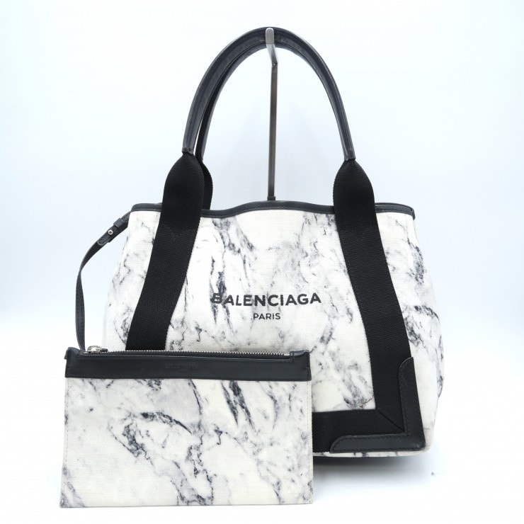 BALENCIAGA(バレンシアガ)ネイビー カバス S トートバッグ ポーチ付き マーブル柄 キャンバス レザー ホワイト ブラック レディース 339933【中古】