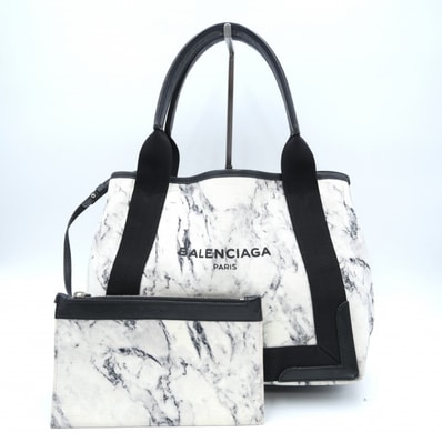 BALENCIAGA(バレンシアガ)ネイビー カバス S トートバッグ ポーチ付き マーブル柄 キャンバス レザー ホワイト ブラック レディース 339933【中古】