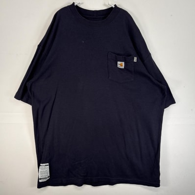 古着 カーハート Carhartt 半袖Tシャツ 大きいサイズ 肉厚 ワンポイント ロゴ 胸ポケ 難燃素材 XL ネイビー 無地 メンズ