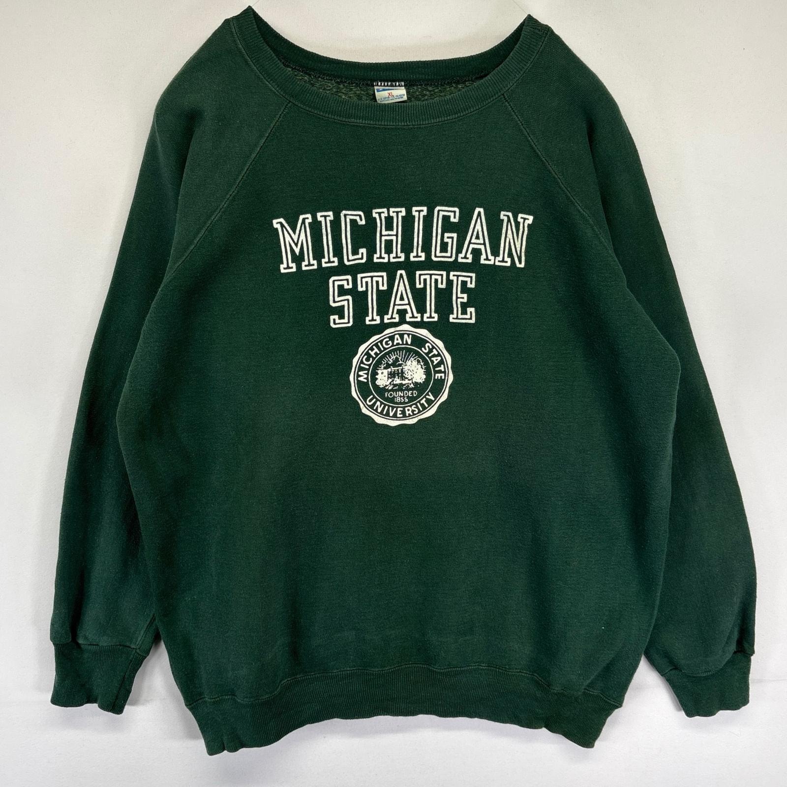 古着 80's/80年代 ヴィンテージ チャンピオン Champion USA製 スウェット ラグラン カレッジロゴ ミシガン 3段プリント XL グリーン メンズ