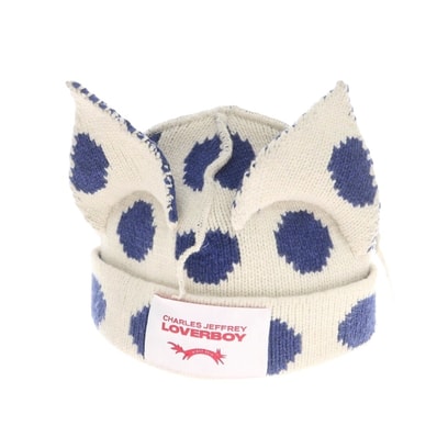 【中古】チャールズジェフリーラバーボーイ Charles Jeffrey LOVERBOY ミドルゲージウール ドット柄 ニットキャップ ホワイトxブルー【メンズ】