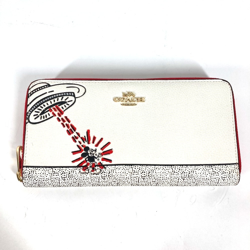コーチ COACH ミッキーマウス アコーディオン C7800 キース・へリング コラボ ラウンドファスナー DISNEY 長財布 レザー ホワイト