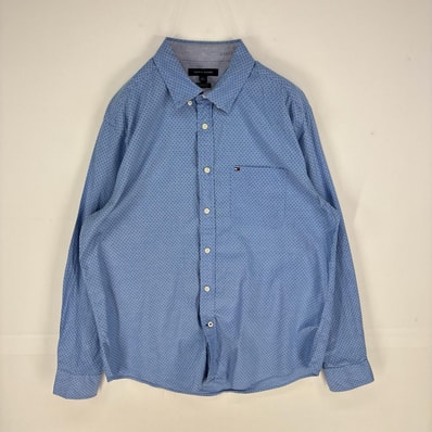 古着 トミーヒルフィガー TOMMY HILFIGER 長袖シャツ ワンポイントロゴ 胸ポケット ロングスリーブ L 水色系 ドット メンズ