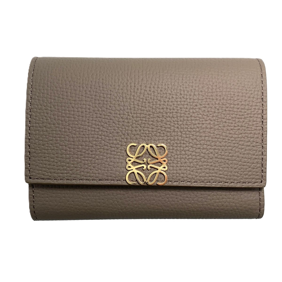 【値下げ】LOEWE ロエベ アナグラム バーティカル ウォレット スモール 三つ折り財布 C821S33X12 カーフ グレージュ ゴールド金具  レディース【中古】