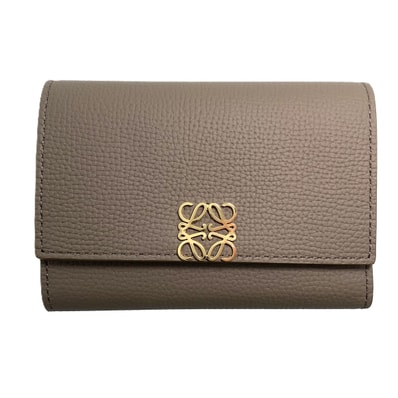 【値下げ】LOEWE ロエベ アナグラム バーティカル ウォレット スモール 三つ折り財布 C821S33X12 カーフ グレージュ ゴールド金具 レディース【中古】