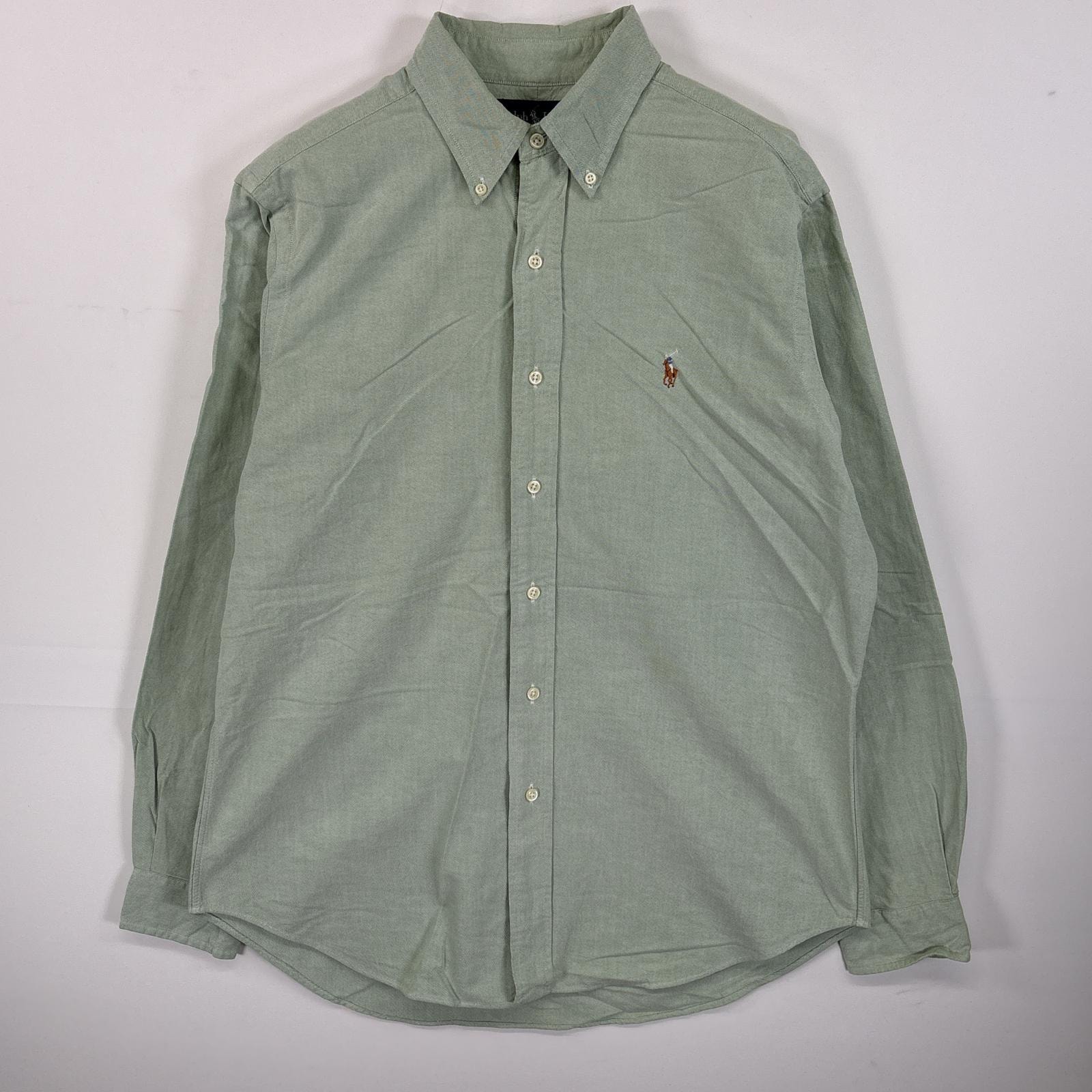 古着 ラルフローレン RALPH LAUREN 長袖シャツ ボタンダウンシャツ ワンポイント ロゴ 刺繍 オックスフォードシャツ M  グリーン 無地 メンズ