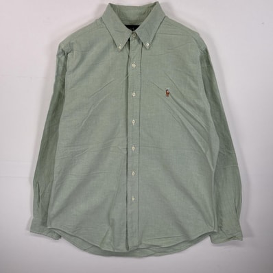古着 ラルフローレン RALPH LAUREN 長袖シャツ ボタンダウンシャツ ワンポイント ロゴ 刺繍 オックスフォードシャツ M グリーン 無地 メンズ