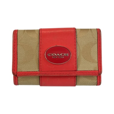 COACH コーチ シグネチャー ベージュ ピンク シルバー金具 キャンバス レザー/ キーケース 6連 601607 【中古】