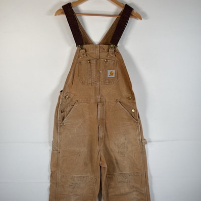 古着 カーハート Carhartt USA製 オーバーオール ダック ワンポイントロゴ ワーク ダブルニー ハンマーループ w34 L32 キャメル メンズ