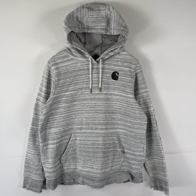 古着 カーハート Carhartt パーカー プルオーバー フーディ スウェット ワンポイント 袖ロゴプリント L グレー系 ボーイズ