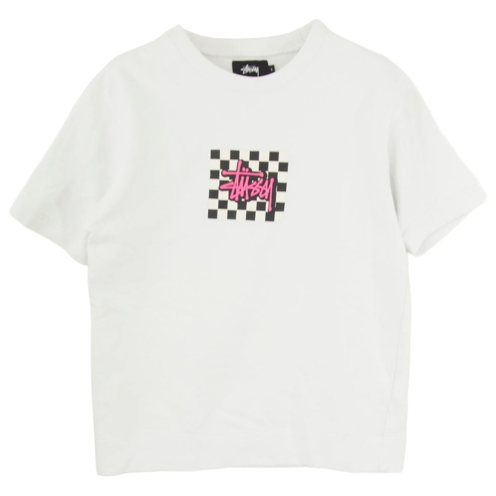 STUSSY ステューシー ショーンフォント チェッカーロゴ 半袖 スウェット Tシャツ ホワイト系 S【中古】