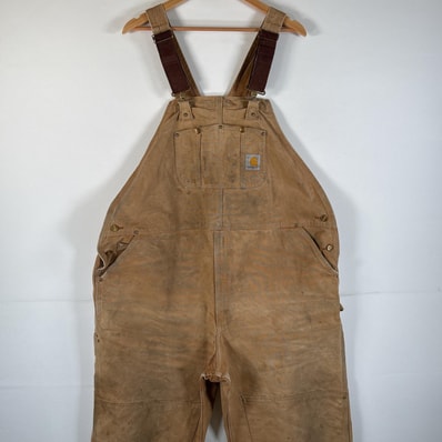 古着 カーハート Carhartt USA製 オーバーオール ダック ワンポイントロゴ ワーク ダブルニー 大きいサイズ ハンマーループ w50 L30 キャメル メンズ