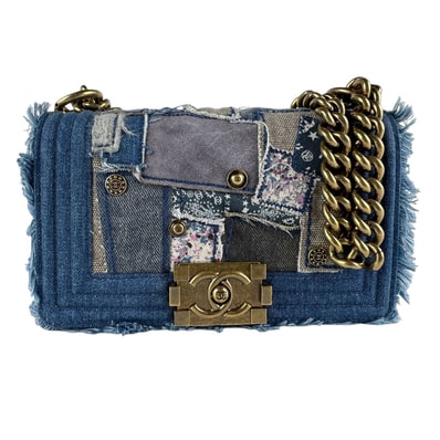 シャネル CHANEL ショルダーバッグ パッチワーク ボーイシャネル デニム/レザー ブルー ゴールド レディース【中古】 z9361
