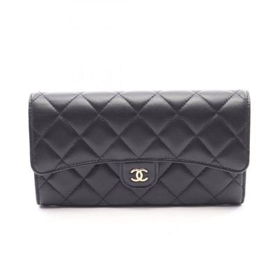 シャネル CHANEL クラシック ロング フラップ ウォレット マトラッセ 二つ折り長財布 財布 ラムスキン(羊革) レディース ブラック系 AP0241 【中古】