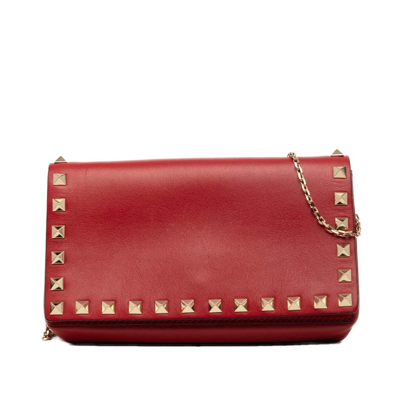 ヴァレンティノ スタッズ チェーン ショルダーバッグ 斜め掛 レッド レザー レディース VALENTINO 【中古】